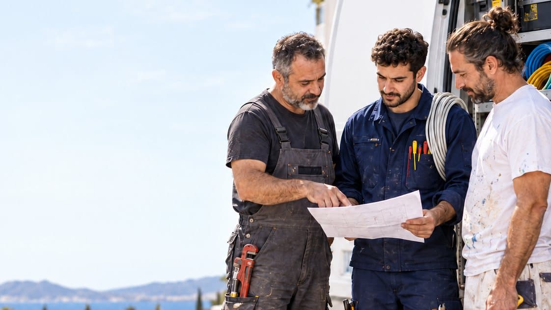 Μάστορες συζητούν μια δουλειά δίπλα στο βαν τους